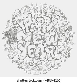 Happy New Year. Hand drawn outline illustration with text and New Year symbols for greeting cards, posters, invitations and other items.