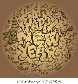 Happy New Year. Hand drawn outline illustration with text and New Year symbols for greeting cards, posters, invitations and other items.