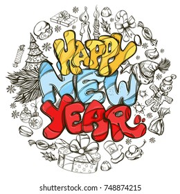 Happy New Year. Hand drawn outline illustration with text and New Year symbols for greeting cards, posters, invitations and other items.