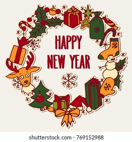 Happy New Year hand drawn doodle wreath with greetings. Santa hat, Christmas tree, reindeer, snowman, snowflakes, gifts, decorations, holly, candies, sock, stars greeting card.