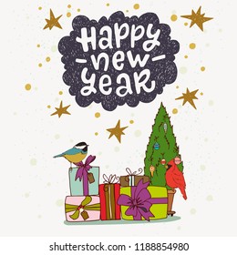 Happy New Year hand lettering and cute vector illustrations of christmas presents, tree with baubles and winter birds. Holiday invitation or greeting card.