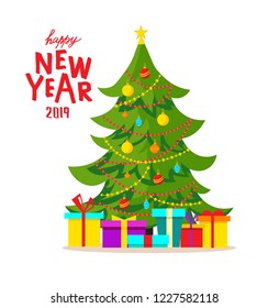 Happy New Year hand lettering with decorated Christmas tree with gifts, star, balls, garlands. Vector illustration for New Year holidays. Flat style design.
