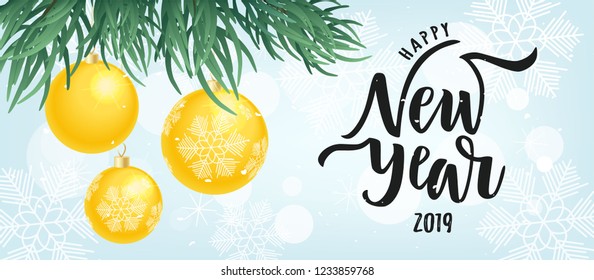Happy New Year hand lettering on blur background with Christmas balls. Typography for Happy New Year holidays greeting card, invitation, banner, postcard template. Vector illustration.