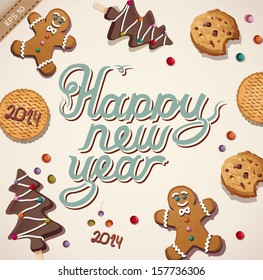 HAPPY NEW YEAR hand lettering - handmade calligraphy with cookies, vector illustration/eps10