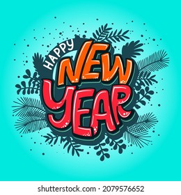 Happy New Year hand lettering calligraphy. Vector holiday illustration element. Typographic element for banner, congratulations.