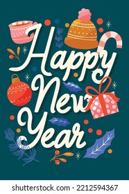 Happy New Year hand lettering vertical card with Christmas decoration and stars. Colorful festive vector illustration