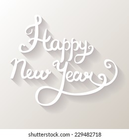 Happy New Year hand lettering with long shadows, calligraphy, vector, white