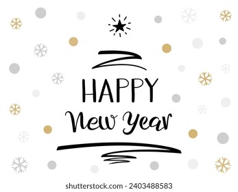 Happy New Year hand Lettering greeting card with Christmas tree pen stroke and star. Modern brush ink calligraphy. Black text isolated on white with gold silver snowflakes and circles.