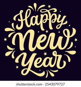 Happy New year. Hand lettering golden script text in a round shape  isolated on dark background. Vector typography for posters, banners, cards, New year or Christmas decorations