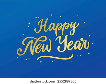 Happy New year hand lettering gold quote decorated with stars and dots on blue background for posters, invitations, banners, cards, holiday decor. EPS 10