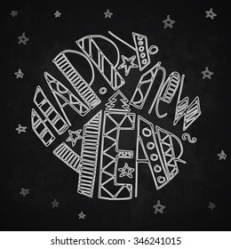 Happy New Year hand lettering on school board. Vector illustration