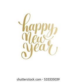 Happy New Year hand lettering congratulate gold inscription logo design, Christmas greeting card, calligraphy vector illustration