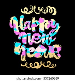 Happy New Year hand lettering banner. Artistic design for a logo, greeting cards, invitations, posters, banners, seasonal greetings illustrations.Ink artistic modern brush calligraphy print. 