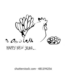Happy New Year - hand lettering.Black and white vector illustration. Chinese Painting Rooster, line art.