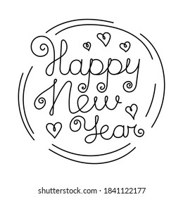 Happy New year. Hand-drawn black and white line doodle print for a balloon or t-shirt. Hearts