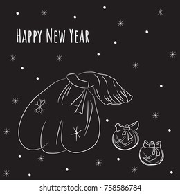 Happy new year hand-drawn greeting card.  Santa's bag of gifts and Christmas balls. Black and white vector illustration.