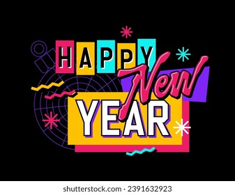 Happy New year, hand-drawn lettering illustration of festive phrase in vibrant and playful 90s aesthetic. Isolated vector typography design element with geometric background. Suitable for any purposes