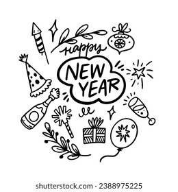 Feliz Año Nuevo con elementos de doodle en color negro manuscrito y frase con letras. Vector aislado sobre fondo blanco.