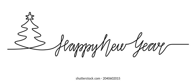 Happy New Year handwritten inscription. Hand drawn lettering. One line drawing of calligraphy.
