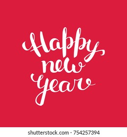Happy New Year  handwritten inscription. Brush painted white letters isolated on a red background. Vector hand drawn lettering