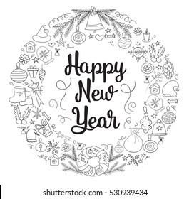 Happy New Year handwritten lettering with doodles. Black and white vector holiday illustration. Greeting card.  