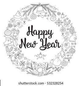 Happy New Year handwritten lettering with doodles. Black and white vector holiday illustration. Greeting card.
