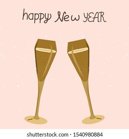 Happy New Year handwritten message. Seasonal decorated backdrop with champagne glasses for holiday greeting card, postcard. Vector illustration