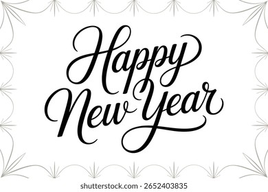 Happy new year handwritten script, elegant calligraphy, festive greeting card, modern holiday design, celebration vector