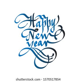 Happy New Year hand-written text, words, typography, calligraphy, lettering. Vector blue inscription on Christmas holiday. For banner, flyer, poster, greeting card