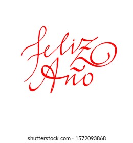 Happy new year hand-written text in Spanich language, words, typography, calligraphy, lettering. Vector red inscription on Christmas holiday. For banner, flyer, poster, greeting card