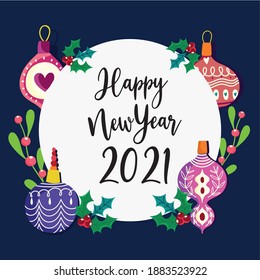 feliz año nuevo bolas de texto manuscritas decoración y imagen vectorial de la placa de la insignia de la baya holly
