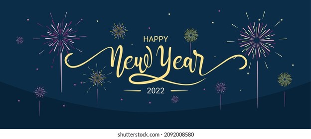 Happy New Year handwritten text script. with fireworks background , Celebration template design. typography poster, banner or merry christmas and new year greeting card. Vector Illustration.