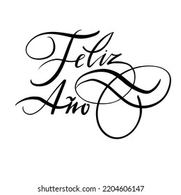 Happy new year hand-written text in Spanich language. Calligraphy, lettering. Vector red inscription on Christmas holiday. For banner, flyer, poster, greeting card