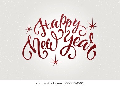 Happy New Year handwritten text. Modern brush ink calligraphy, hand lettering. Sparkling magical particles and stars. Golden textured letters.Vector holiday illustration for greeting card, poster