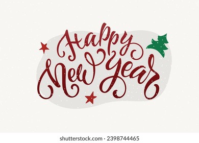Happy New Year handwritten text. Modern brush ink calligraphy, hand lettering. Sparkling magical particles and stars. Golden textured letters.Vector holiday illustration for greeting card, poster