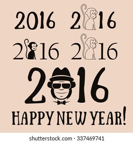"HAPPY NEW YEAR" handwritten text". The numbers with a monkey.