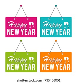 Happy new Year hanging Door Sign. Eps10 Vector.