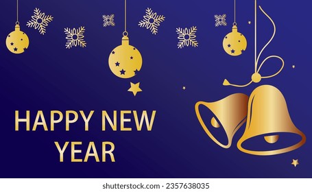 Happy New Year. Hanging Golden shining snowflakes, stars, balls on blue background. New Year greeting card vector..eps