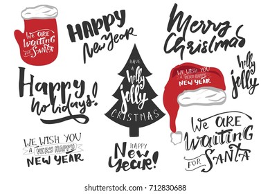 Happy New Year. Hapy holidays. We are waiting for Santa. Holiday card lettering design. Typographic print poster. T shirt hand lettered calligraphic design. Vector illustration.