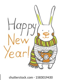 Happy New year and hare with cup of tea. Vector illustration isolated on the white background. 