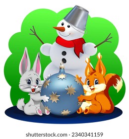 Happy New Year. Hare and Squirrel with Christmas ball in cartoon style. Cheerful snowman. A beautiful postcard for children. Merry Christmas. Vector illustration.