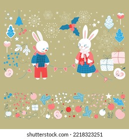 Happy New Year with hares. big colored set. year of the rabbit. vector illustration. hand drawn elements for design. on golden background