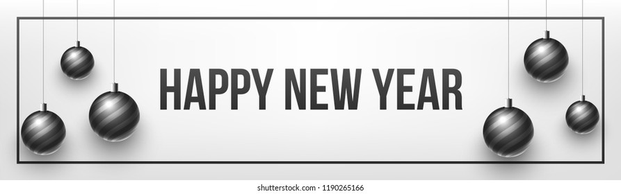Happy New Year header or banner design decorated with grey baubles hang on white background.