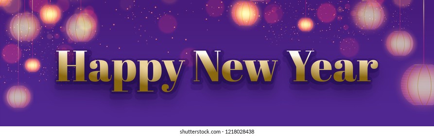 Happy New Year header or banner design decorated with blurred hanging lanterns.