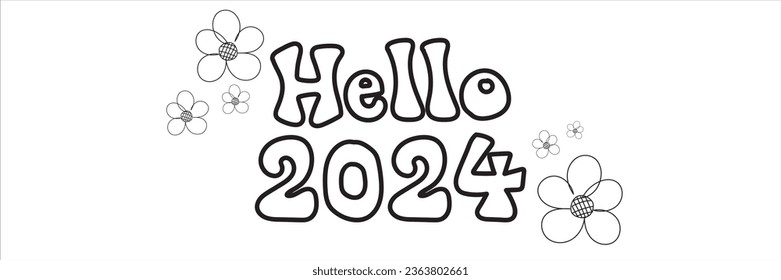 Happy new year and hello 2024 hand drawn line art. Holiday concept, festive lettering. New year handwriting text, sketch style, minimalist design. Editable stroke. Isolated. Vector illustration