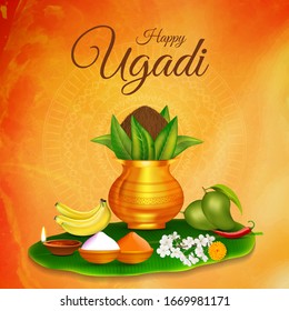 Happy  New Year hindu Indian festival Ugadi (Gudi Padwa).  golden Kalash ( pot) with mandala, banana leaf , green mango, flowers and diya (lamp) vector 