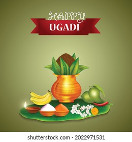 Happy  New Year hindu Indian festival Ugadi (Gudi Padwa).  golden Kalash ( pot) with mandala, and flowers vector 