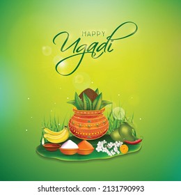 Happy  New Year hindu Indian festival Ugadi (Gudi Padwa).  golden Kalash ( pot) with mandala, banana leaf , green mango, flowers and diya (lamp) vector 