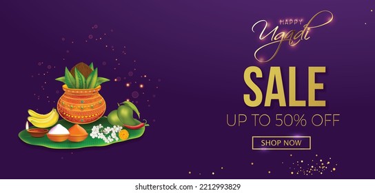 Happy  New Year hindu Indian festival Ugadi (Gudi Padwa).  golden Kalash ( pot) with mandala, banana leaf , green mango, flowers and diya (lamp), festival sale vector , banner , poster