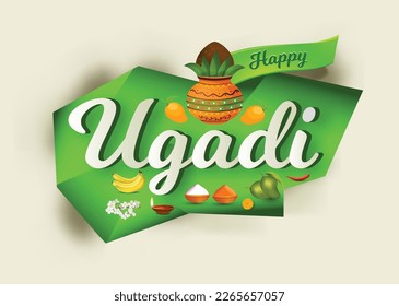 Happy  New Year hindu Indian festival Ugadi (Gudi Padwa).  golden Kalash ( pot) with mandala, and flowers vector 